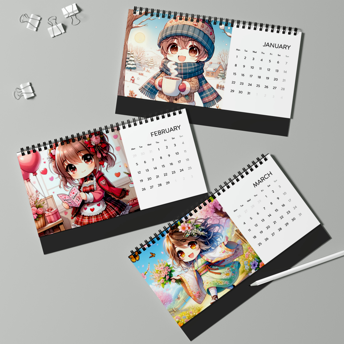 2024 Chibi Manga Desk Calendar - Satin Finish, 10x5", Spiral Binding, Tent Card Backing