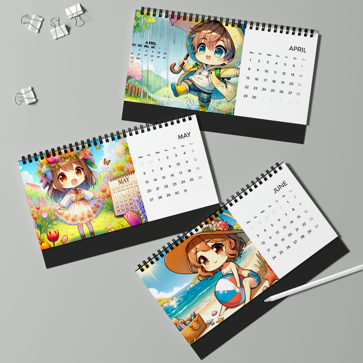2024 Chibi Manga Desk Calendar - Satin Finish, 10x5", Spiral Binding, Tent Card Backing