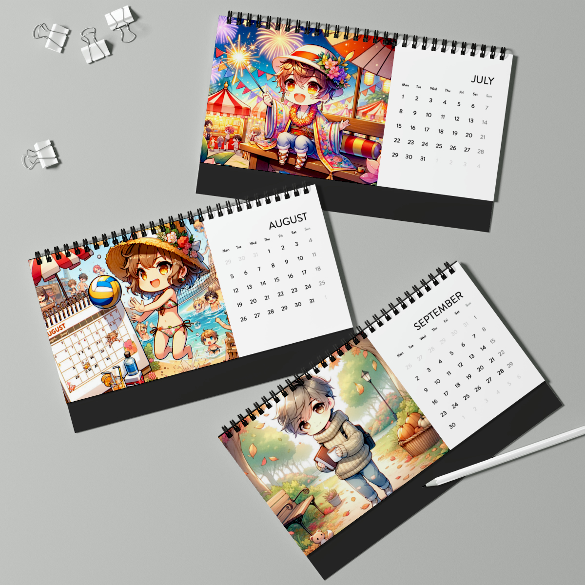 2024 Chibi Manga Desk Calendar - Satin Finish, 10x5", Spiral Binding, Tent Card Backing