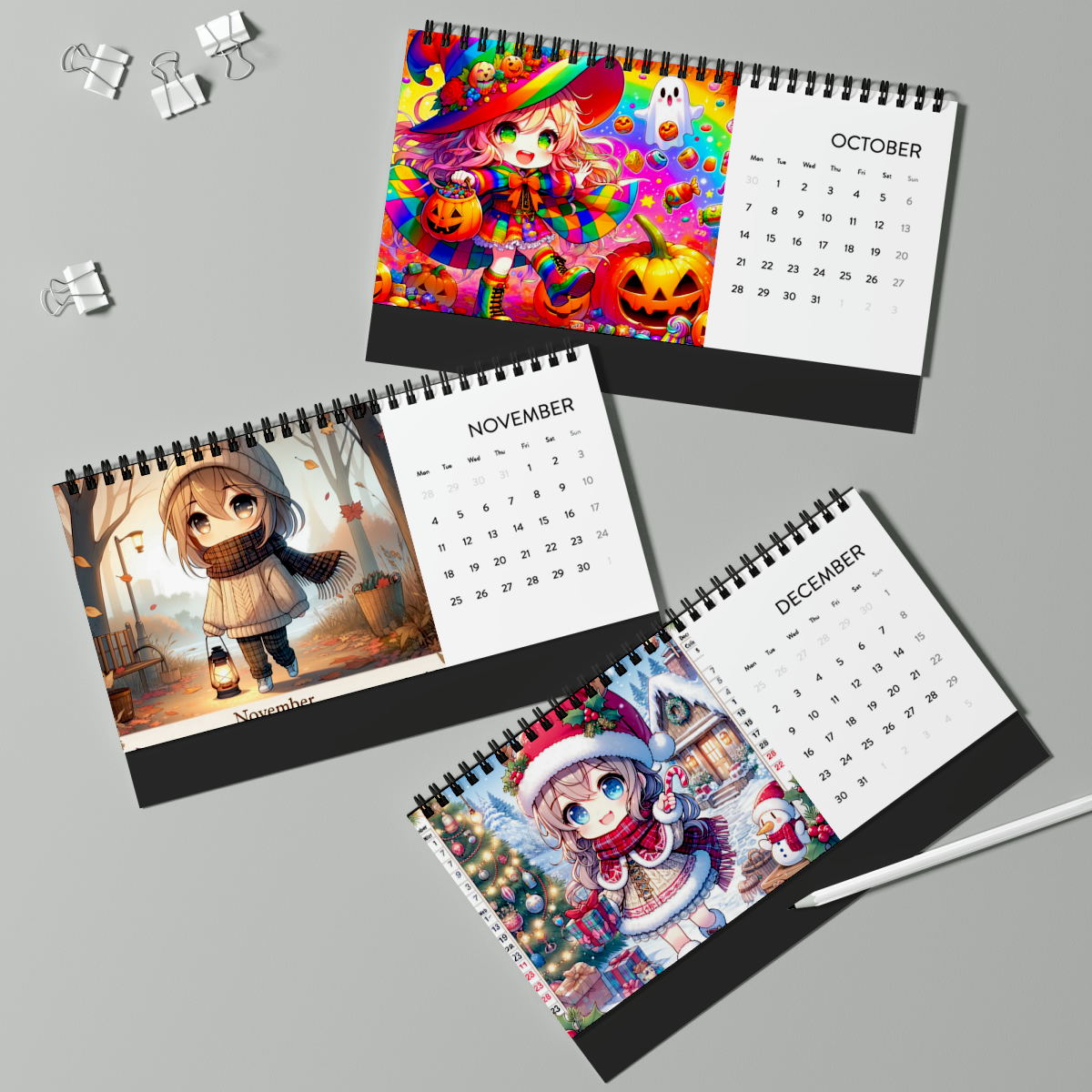 2024 Chibi Manga Desk Calendar - Satin Finish, 10x5", Spiral Binding, Tent Card Backing