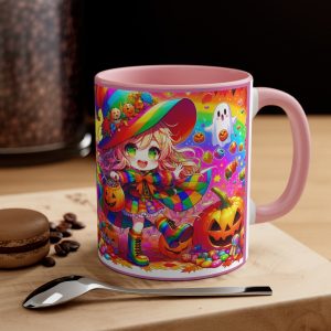 Bunte Hexe Halloween Kaffeetasse – ‘Süßes, sonst gibt’s Kaffee!’ – Farbenfroh und Charakterstark, 11oz