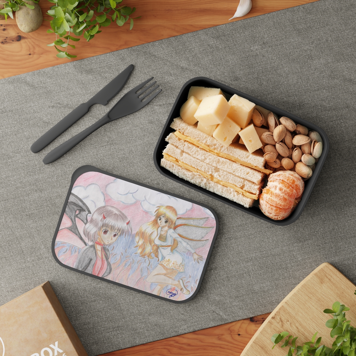 PLA Bento Box with Band and Utensils - Angel and Devil
